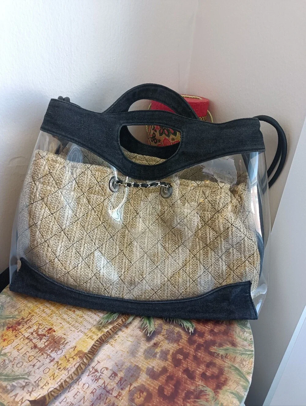 Chanel 31 Shopping Clear PVC Bag with A Beige Pouch Insert and Black Denim Trim